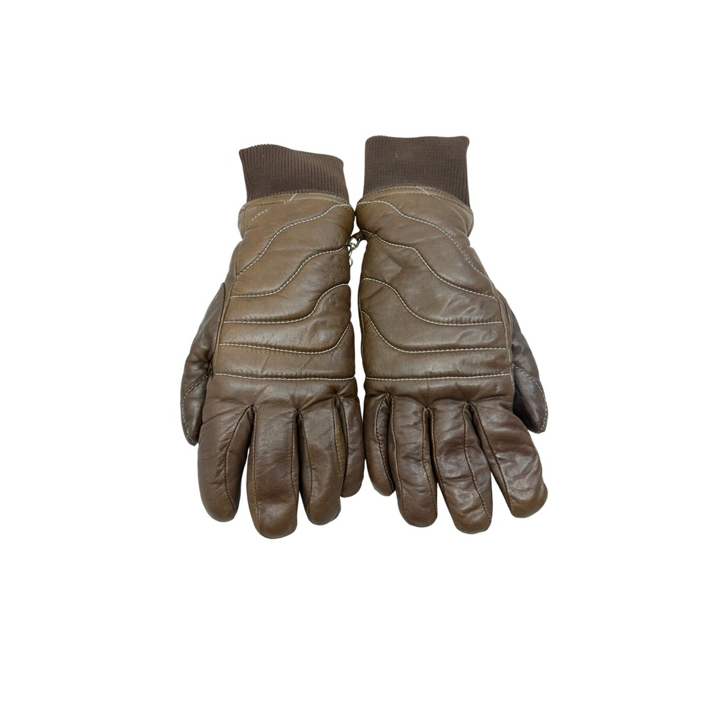 Grandoe Brown Genuine Leather Winter Puffer Gloves Fur Lined Knit Cuff S